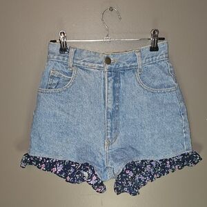 Paris Blues High Waist Denim Shorts with Floral Trim